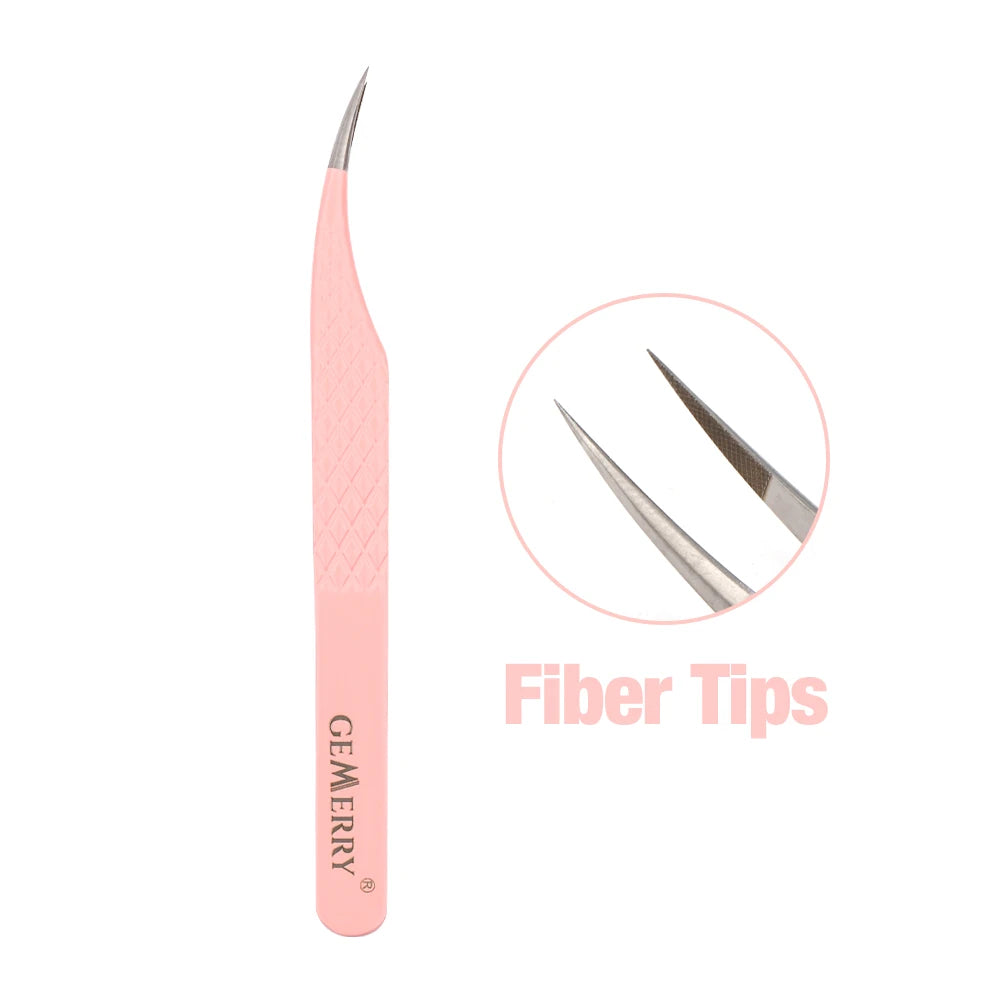 1 Pcs Pink Stainless Steel Tweezers Eyelash Extensions High Precision Anti-Static Tweezers with Fiber Tips Makeup Tools