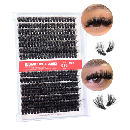 280Pcs Individual Lash Clusters Kit 60+80D Curl 10-16Mm Cluster Eyelash Extension Kit with Lash Bond and Seal and Lash Tweezers