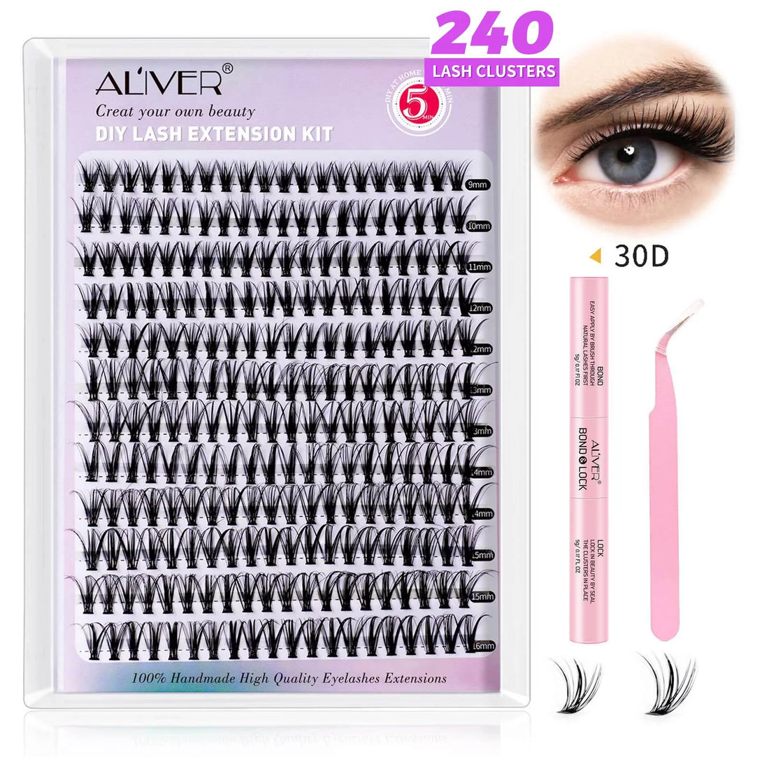 DIY Lash Extension Kit 240Pcs Individual Lashes Cluster Eyelash Extension Kit 30D 9-16Mm Mix Lash Clusters with Lash Bond and Seal and Lash Applicator Tool for Self Application at Home