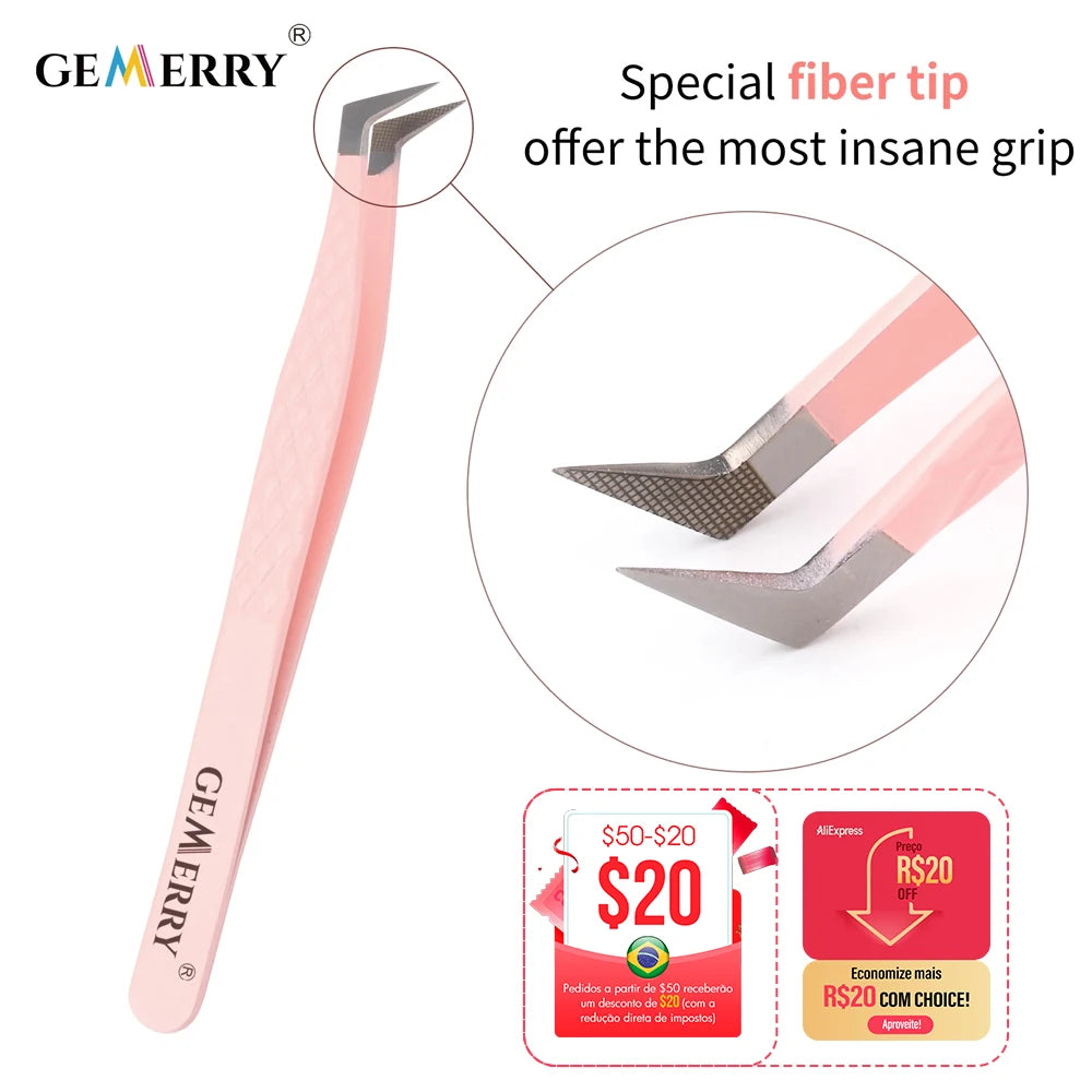 1 Pcs Pink Stainless Steel Tweezers Eyelash Extensions High Precision Anti-Static Tweezers with Fiber Tips Makeup Tools