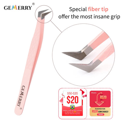 1 Pcs Pink Stainless Steel Tweezers Eyelash Extensions High Precision Anti-Static Tweezers with Fiber Tips Makeup Tools