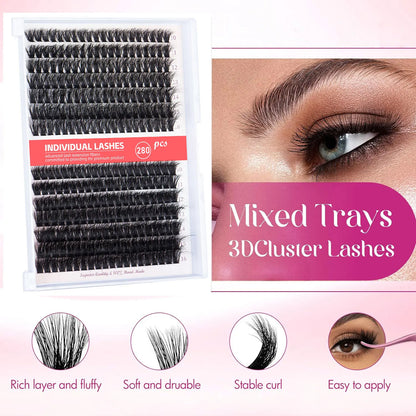 280Pcs Individual Lash Clusters Kit 60+80D Curl 10-16Mm Cluster Eyelash Extension Kit with Lash Bond and Seal and Lash Tweezers