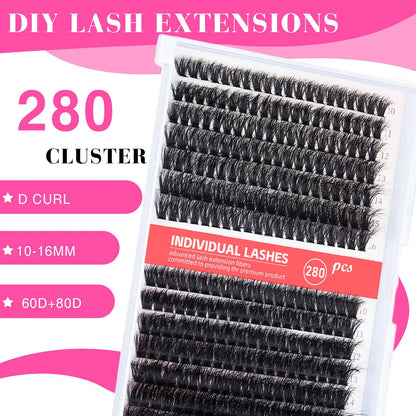 280Pcs Individual Lash Clusters Kit 60+80D Curl 10-16Mm Cluster Eyelash Extension Kit with Lash Bond and Seal and Lash Tweezers