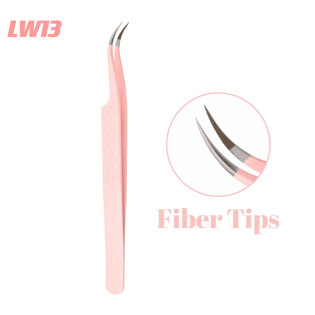 1 Pcs Pink Stainless Steel Tweezers Eyelash Extensions High Precision Anti-Static Tweezers with Fiber Tips Makeup Tools