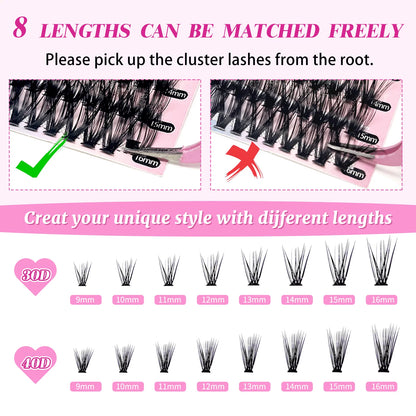 DIY Lash Extension Kit 280Pcs Individual Lashes Cluster Eyelash Extension Kit 30D+40D 9-16Mm Mix Lash Clusters with Lash Bond and Seal and Lash Applicator Tool