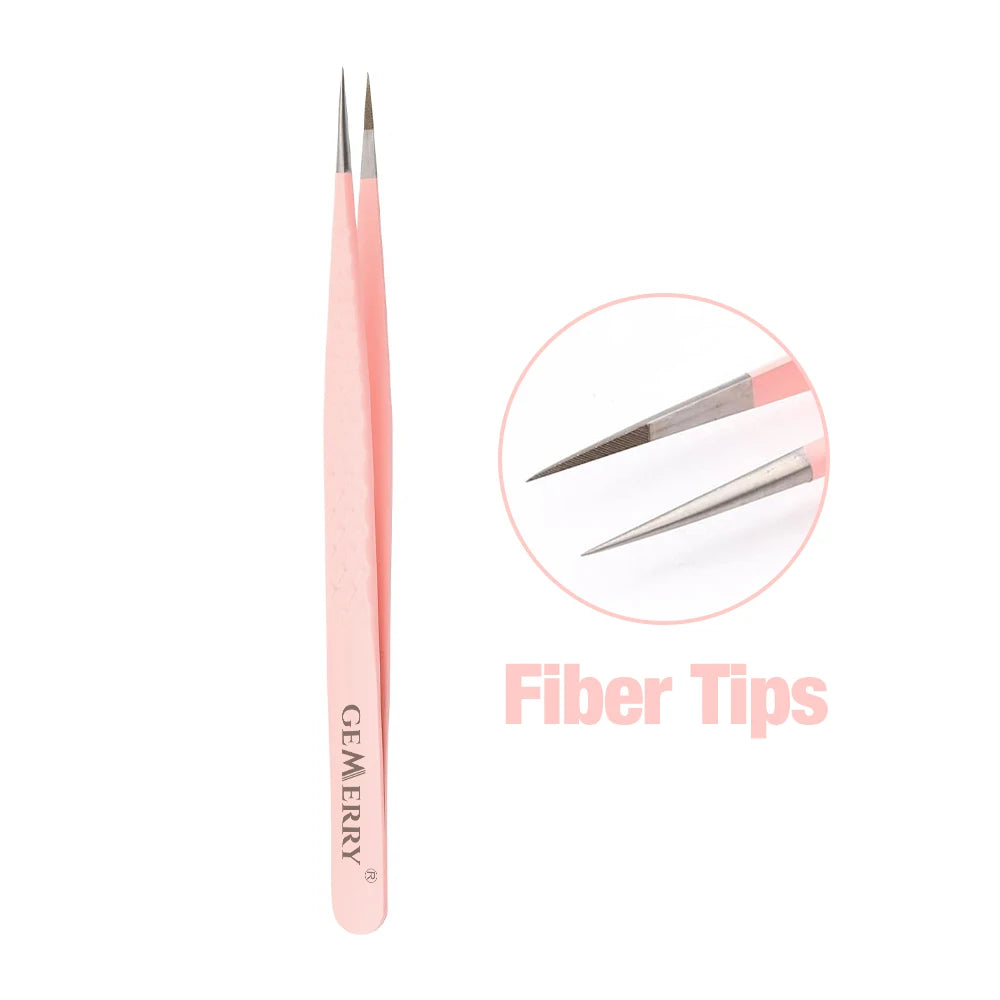 1 Pcs Pink Stainless Steel Tweezers Eyelash Extensions High Precision Anti-Static Tweezers with Fiber Tips Makeup Tools