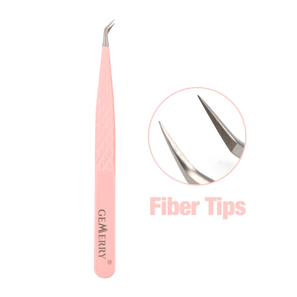 1 Pcs Pink Stainless Steel Tweezers Eyelash Extensions High Precision Anti-Static Tweezers with Fiber Tips Makeup Tools