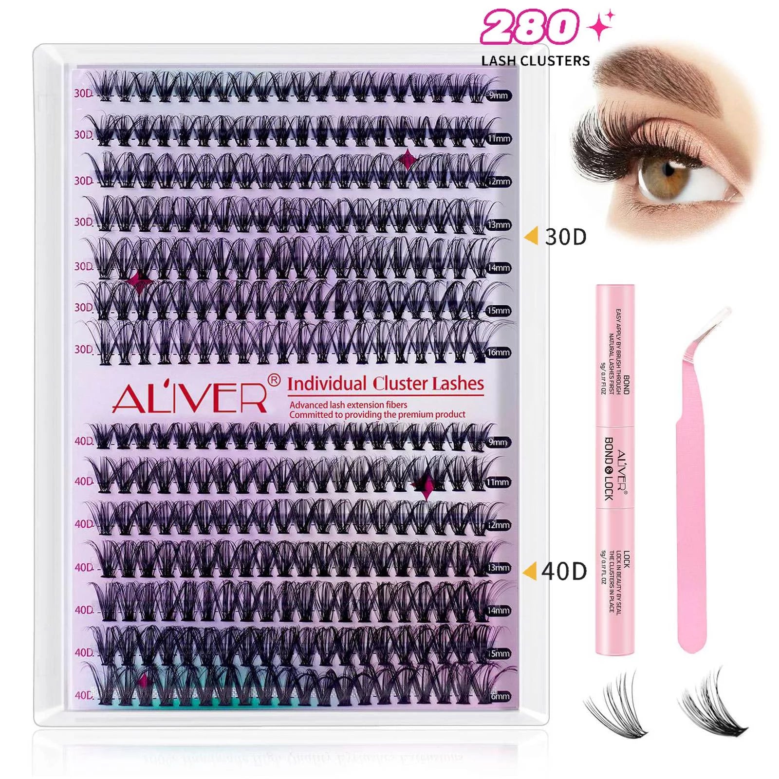 DIY Lash Extension Kit 280Pcs Individual Lashes Cluster Eyelash Extension Kit 30D+40D 9-16Mm Mix Lash Clusters with Lash Bond and Seal and Lash Applicator Tool