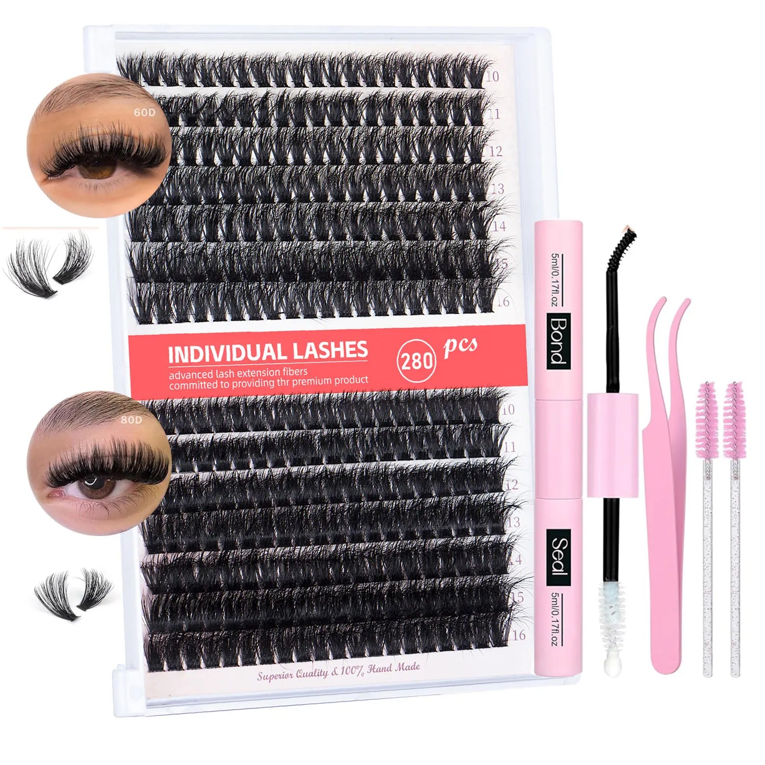 280Pcs Individual Lash Clusters Kit 60+80D Curl 10-16Mm Cluster Eyelash Extension Kit with Lash Bond and Seal and Lash Tweezers